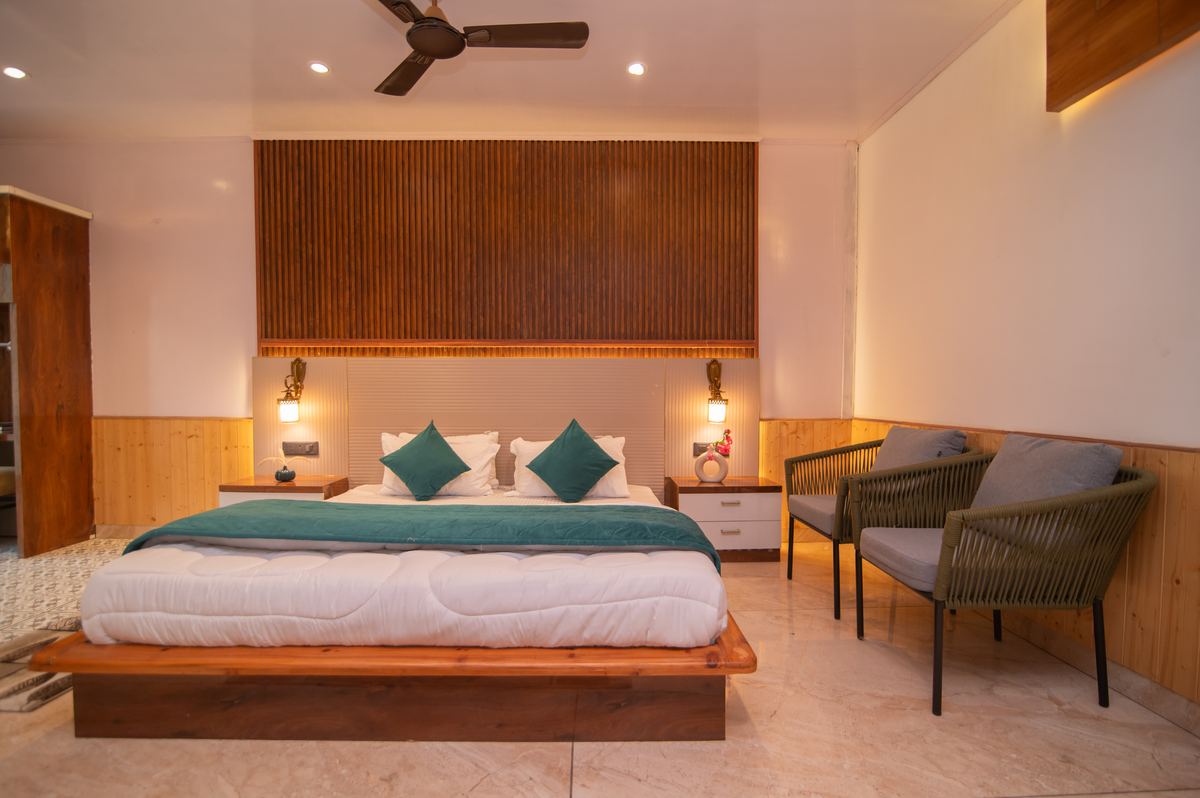 Clean modern room with teal rope chairs